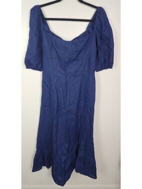 Reformation Women's Sz. 10 Blue Linen Belgium Midi Length Short Sleeve Dress